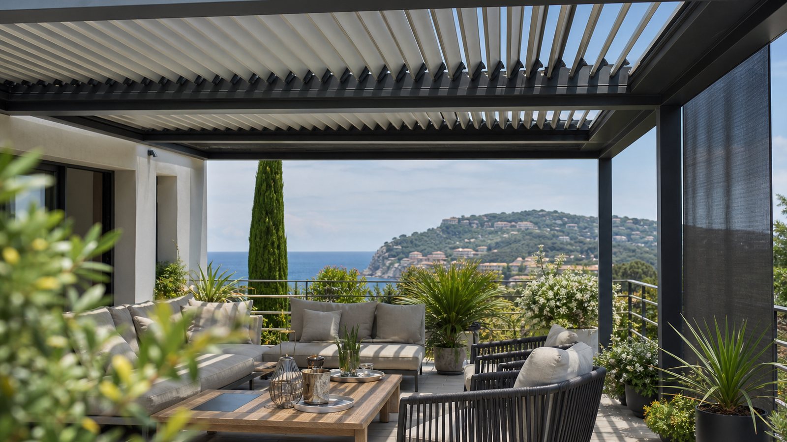 Pergola bioclimatique aux lignes contemporaines ombrageant une terrasse meublée d'un salon d'extérieur