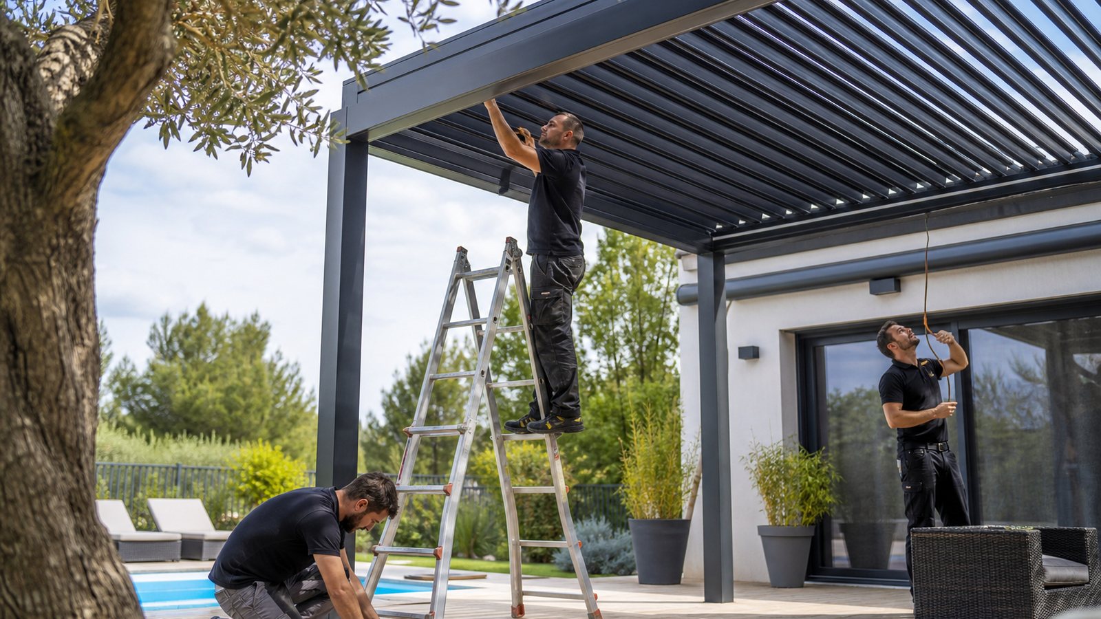 Équipe de pose fixant la structure d'une pergola bioclimatique sur mesure sur une terrasse
