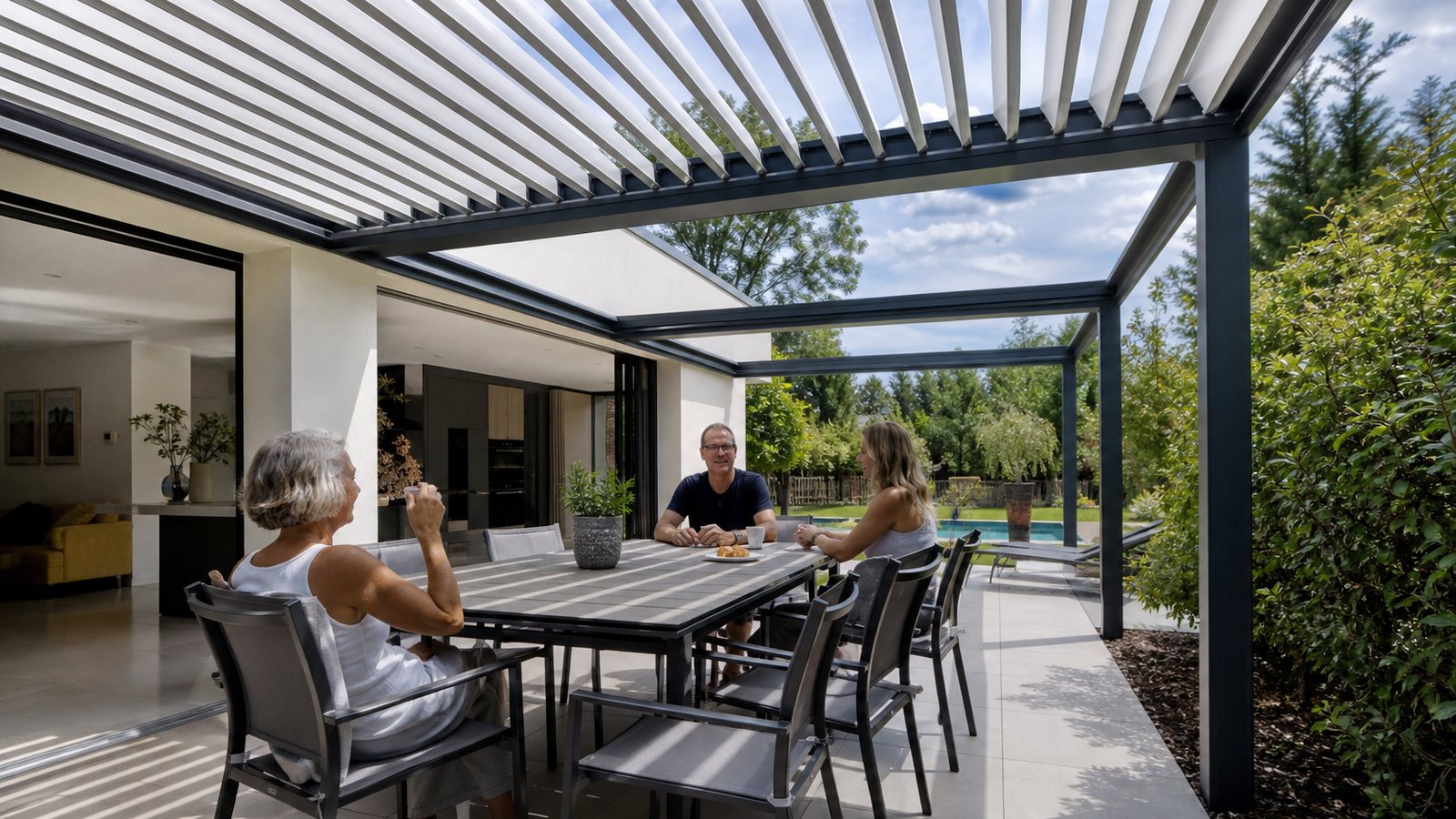 Lames orientables d'une pergola bioclimatique entrouvertes laissant filtrer la lumière du ciel