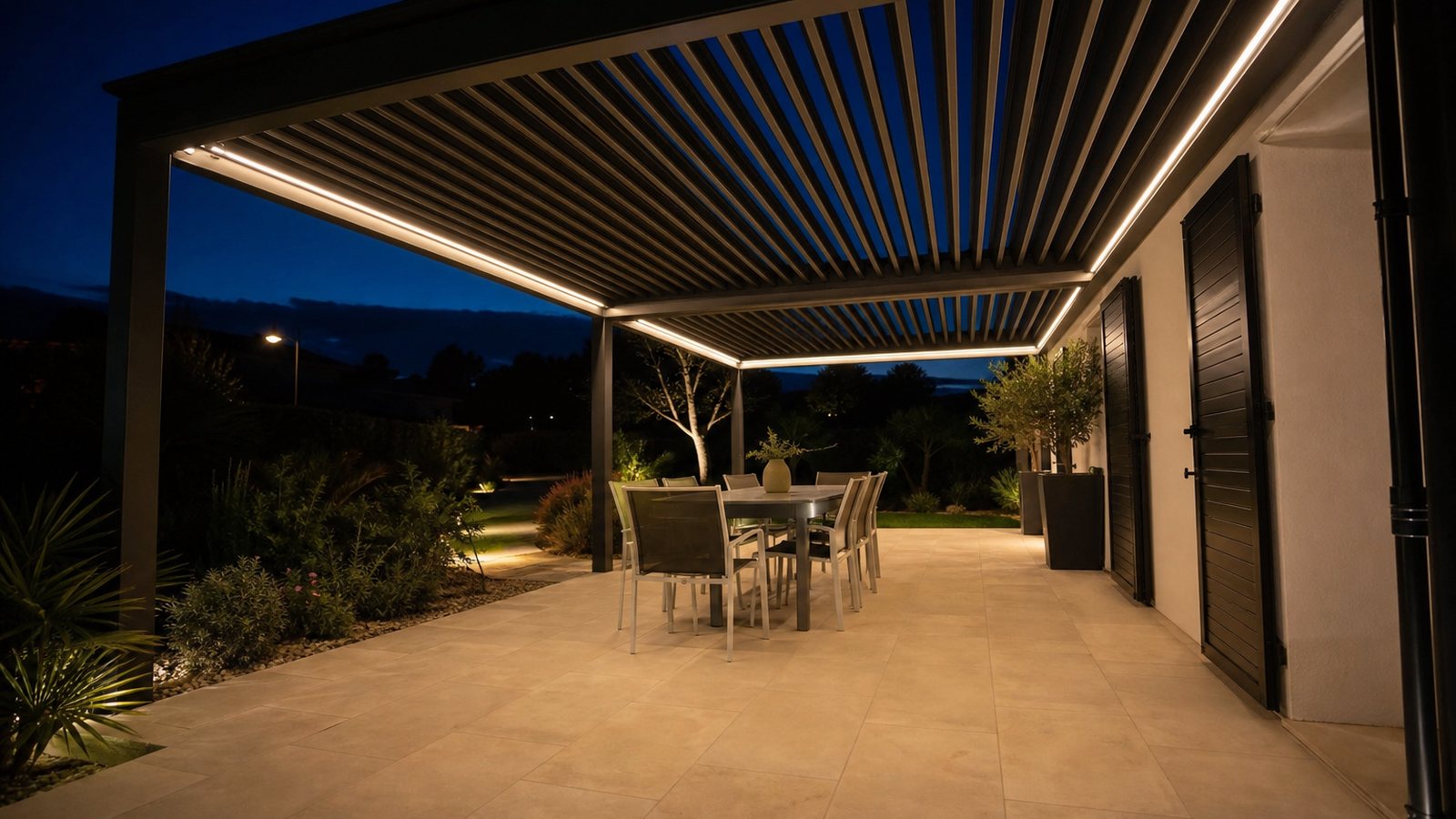 Pergola bioclimatique éclairée à la nuit tombée par un bandeau lumineux intégré aux profilés