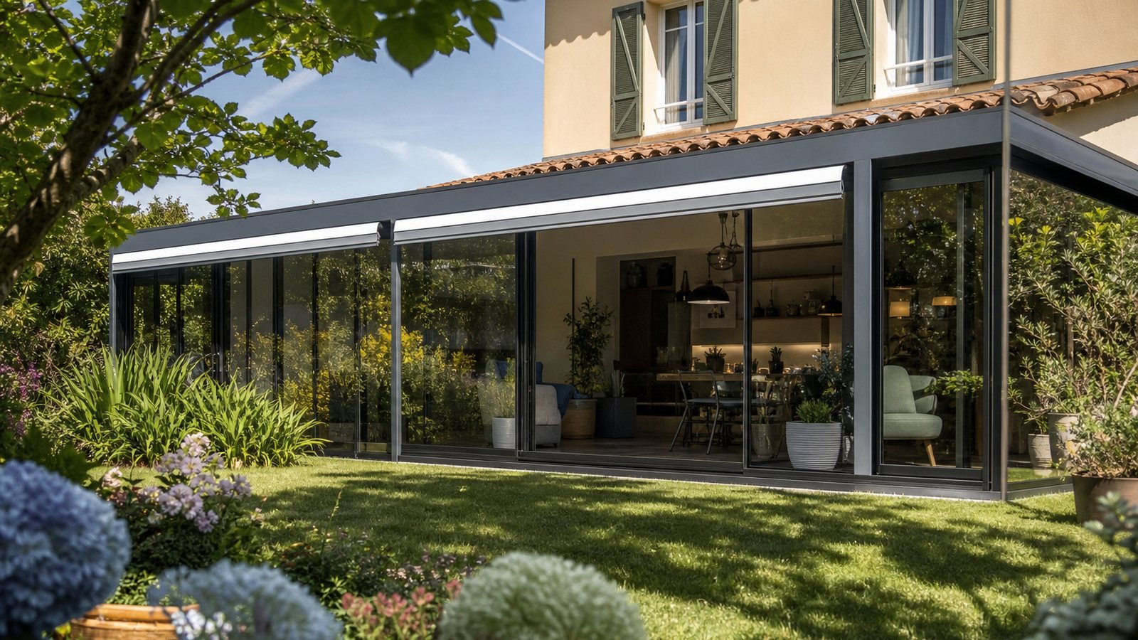 Pergola bioclimatique ouverte sur le jardin à côté d'une extension vitrée de maison