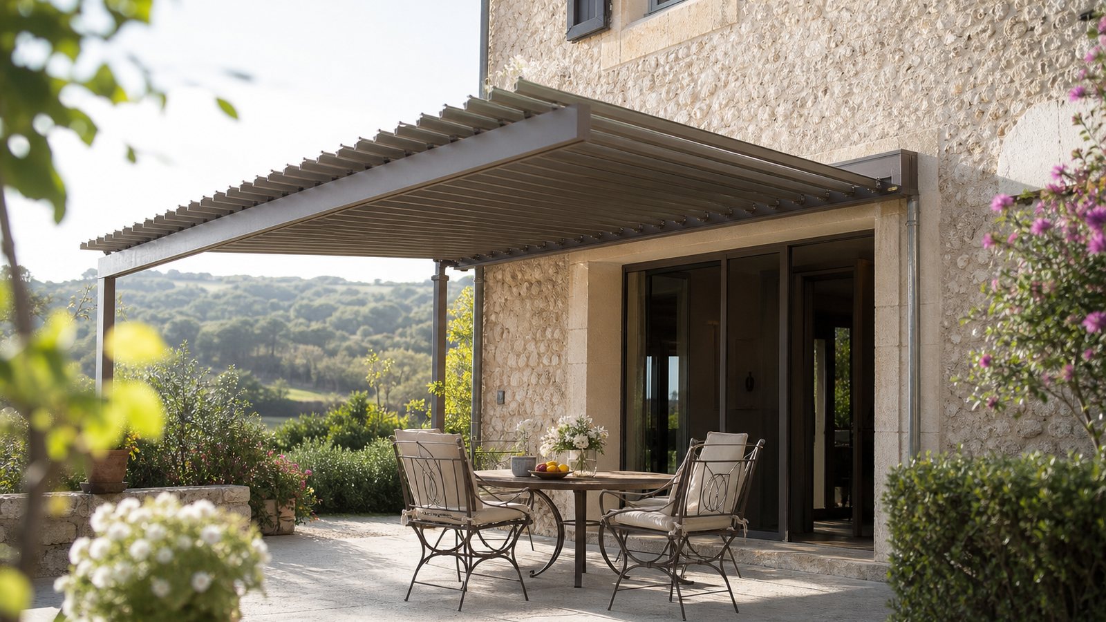 Pergola bioclimatique adossée à la façade d'une maison individuelle au-dessus d'une terrasse