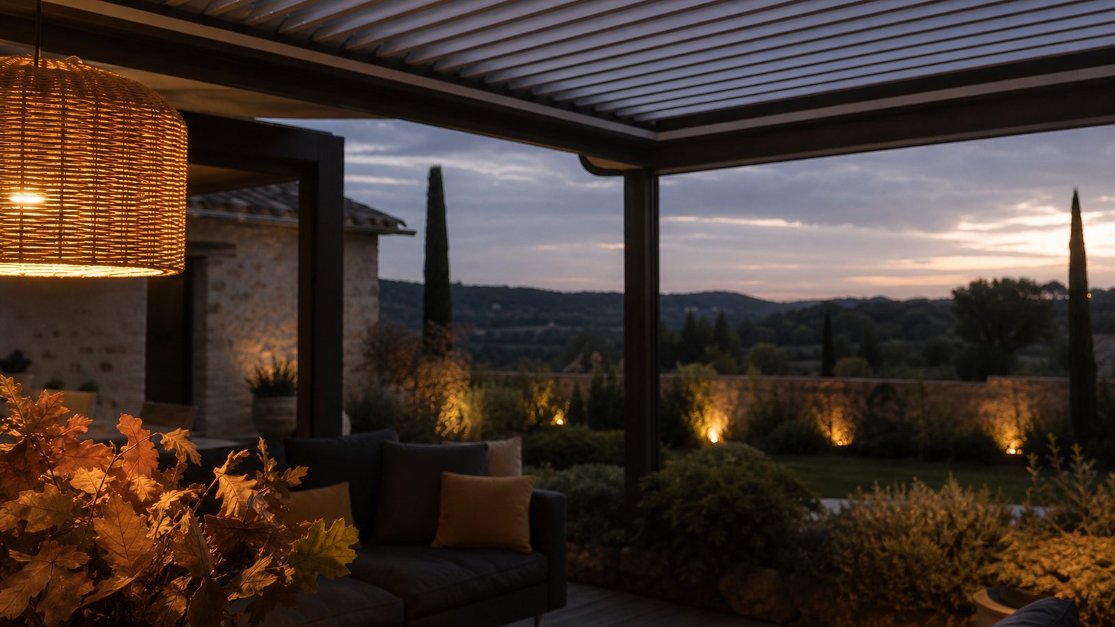 Terrasse sous pergola aménagée en salon cosy pour une soirée d'arrière-saison éclairée