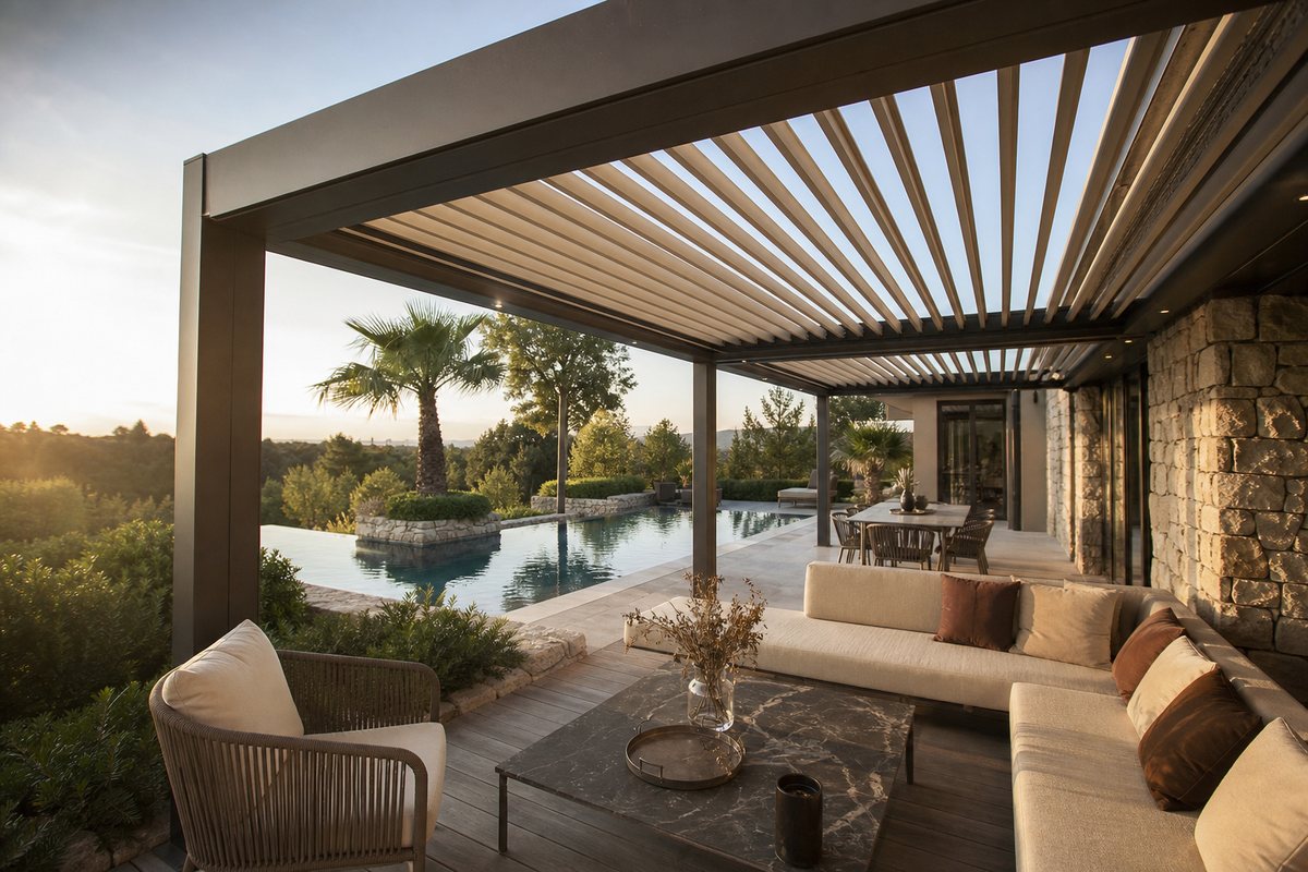 Réalisation de pergola bioclimatique signée Pergomia