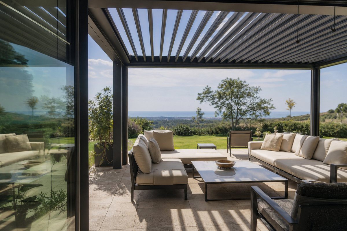 Réalisation de pergola bioclimatique signée Pergomia