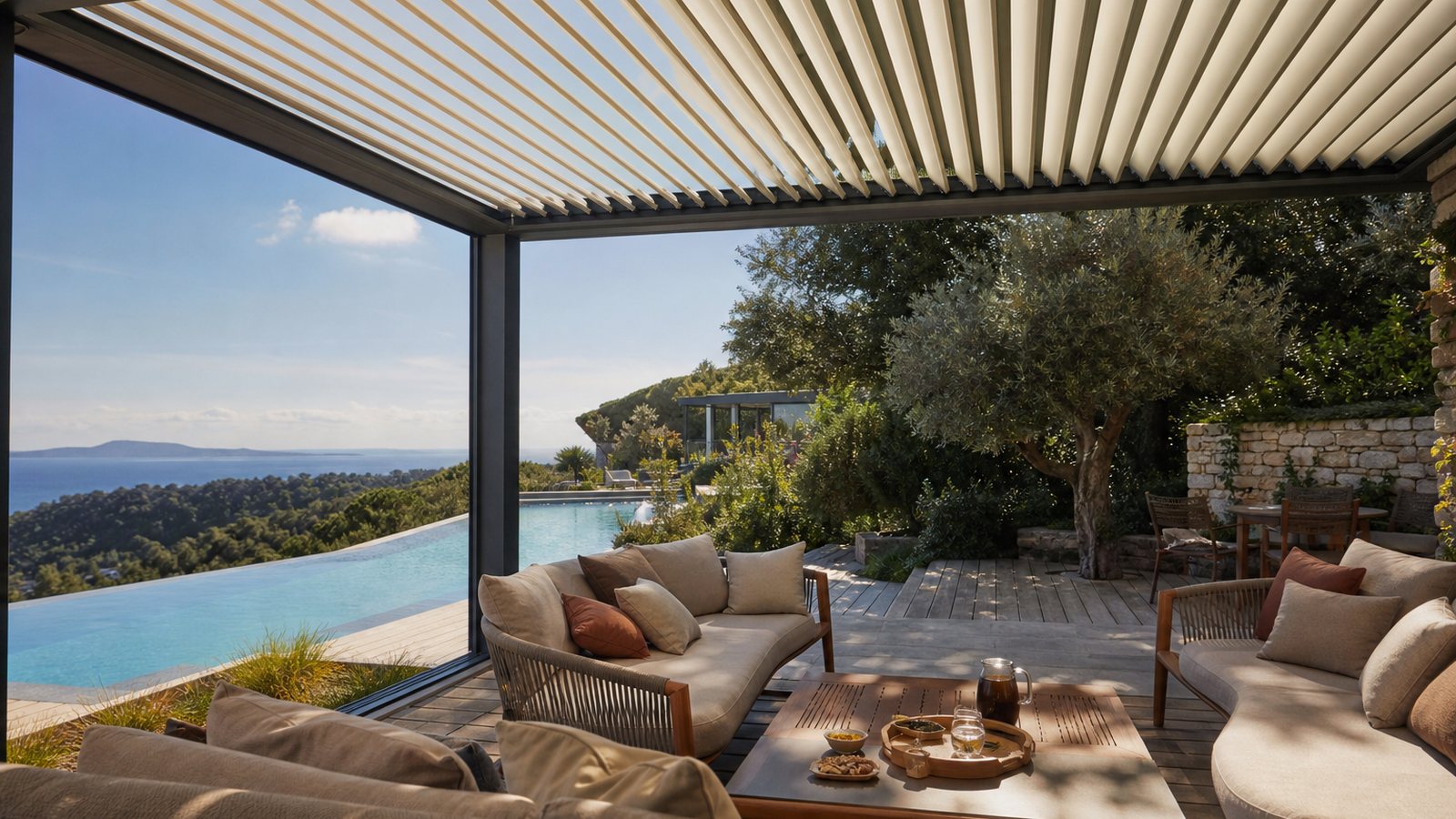 Pergola bioclimatique haut de gamme sur une terrasse contemporaine
